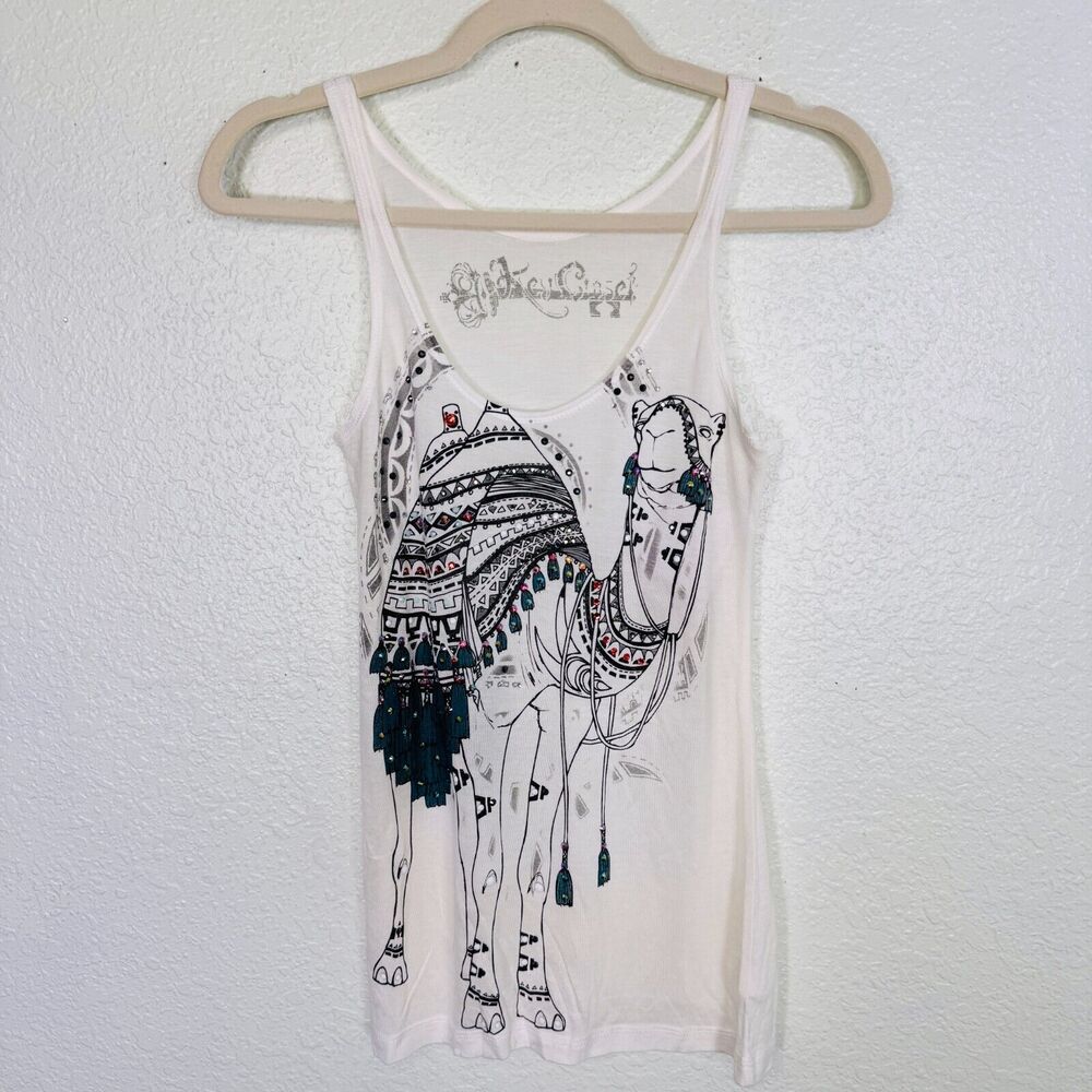 Key Closet Top Womens XS Camel Swarovski Crystal Rhinestone Tank Tee Shirt White